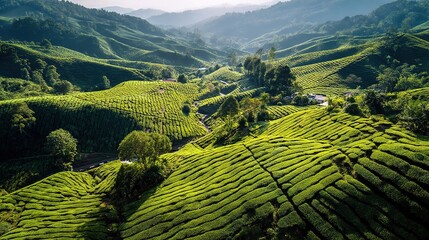 Fototapeta premium Lush Green Tea Plantation Landscape with Floating Clouds Over Hills
