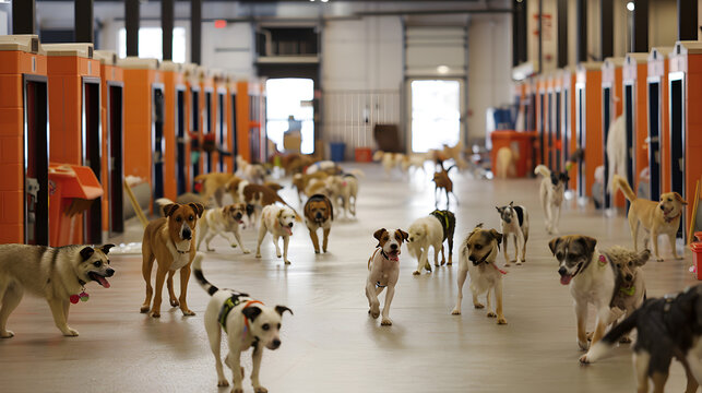 A large group of dogs are walking towards the camera in a bright and open indoor space with kennels