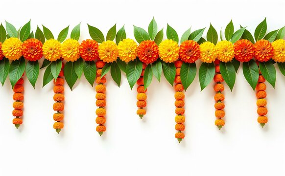 Traditional Indian Marigold Flower Garland (Toran) with Mango Leaves Isolated on White Background