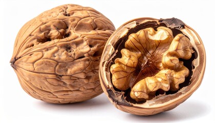 Obraz premium The Walnut Revealed: A detailed macro shot showcases the intricate beauty of a whole walnut and its freshly cracked counterpart, highlighting its delicious, healthy core.