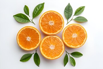 Fresh Halved Oranges with Green Leaves on White Background – Minimalist Summer Still Life