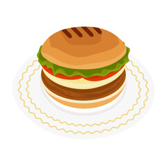 Hamburger isolated on white or transparent background. Vector illustration. Hamburger with cutlet, cheese, tomato and lettuce on white plate with golden border. Close-up element for design.