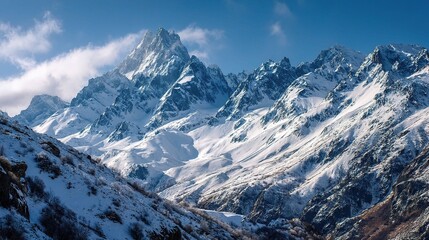 Fototapeta premium Majestic Snow-Capped Caucasus Ridge Under Clear Blue Sky
