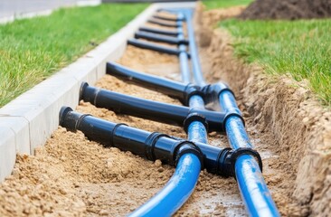 Underground utility pipes, laid in a trench, alongside a curb
