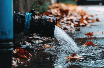 Overflowing drain pipe on a wet street.  Fallen autumn leaves surround the water flow