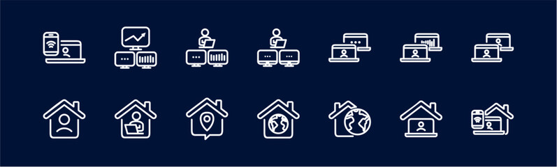 Remote Work Line Icons . Freelancer Work from Home, Video Call, Online Meeting, Teleconference Vector Set