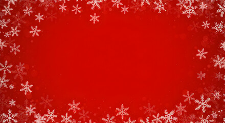 Festive red background is bordered by many small white snowflakes.
