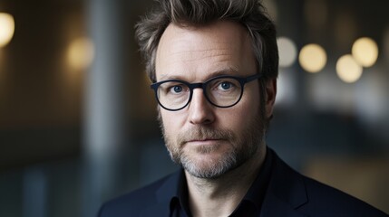 Obraz premium Professional man with glasses posing in a modern environment emphasizing confidence and approachability