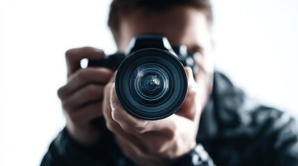 A photographer looking through the lens of a camera