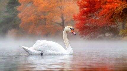 Fototapeta premium A white swan glides gracefully across a misty lake, surrounded by the rich hues of autumn trees.