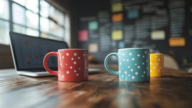 Playful business meeting concept with exaggerated laptops, comical coffee mugs, and humorous financial charts for a lighthearted corporate setting