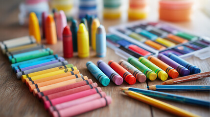 Colorful art supplies on a wooden table, a vibrant and playful arrangement sparking creativity