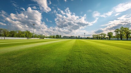 Well-Maintained Empty Cricket Pitch Under Clear Blue Sky