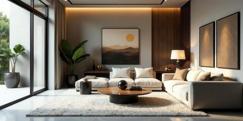 Fototapeta premium Serene Minimalist Living Room Design Featuring a Modern Sectional Sofa and Artistic Wall Decor
