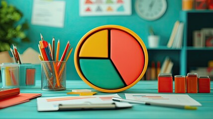 Playful financial concept with oversized pie charts, funny business icons, and quirky data reports for a humorous approach to corporate finance