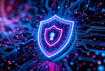 Futuristic Cybersecurity Shield with Keyhole and Digital Circuit Background