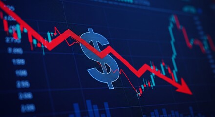 Red downward arrow showing stock market crash and dollar currency symbol indicating financial crisis and economic downfall. Negative trend display for trader analysis.