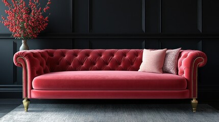 Red velvet sofa in a dark room