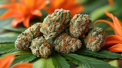 Obraz premium Dried cannabis buds surrounded by vibrant orange flowers and green leaves