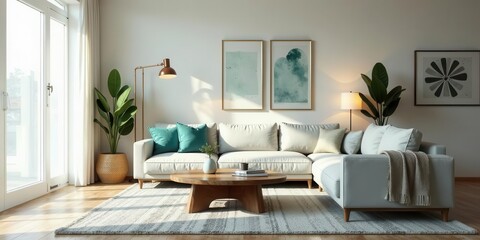 Serene Living Room Interior Design with Modern Sectional Sofa and Natural Decor