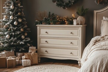 White chest of five drawers beside Christmas tree and gifts in naturally lit bedroom with festive holiday decor