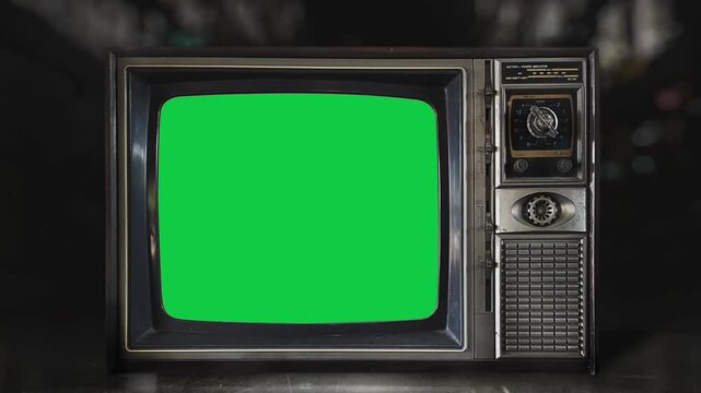 front view of old antique television with turn on and turn off blank green screen for TV receiver monitor