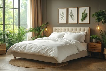 Fototapeta premium Elegant cream-colored fabric full-size bed with low headboard and wooden legs in a cozy bedroom setting, hyperrealistic interior design