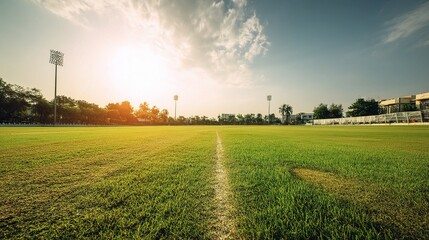 Obraz premium Fresh Green Turf and Central Pitch Alongside Cricket Field at Sunset