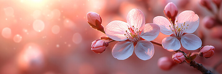 Fototapeta premium Pale pink cherry blossoms, soft spring foliage background, ideal for Easter, Mother's Day, wedding invites, spring promotions, delicate beauty & dreamy designs.