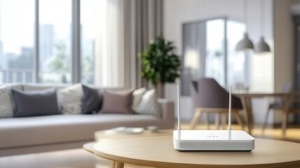 In a modern living room, the Wi-Fi router on the table ensures all connected devices in the room maintain a strong, reliable connection to the internet.