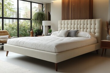 Elegant cream-colored fabric full-size bed with low headboard and wooden legs in a cozy bedroom setting, hyperrealistic interior design