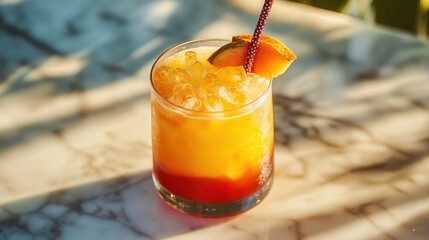 Bright summer cocktails with layers of color, garnished with tropical fruits and served with a straw in a relaxed beachside setting.