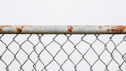 Close-up of weathered chain-link fence against light backdrop, showcasing aging metal elements and a simple pattern, isolated transparent background