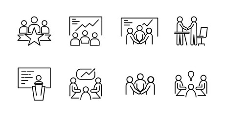 Business Teamwork Line Icons. Meeting, Presentation, Collaboration, Discussion, Brainstorming, Corporate Communication Vector Set