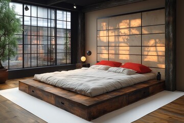 Industrial style wooden and metal frame bed with storage under it, white carpet, light walls in a modern bedroom, product photography