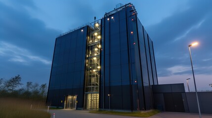 Modern architectural design of a sleek office building with dramatic night lighting