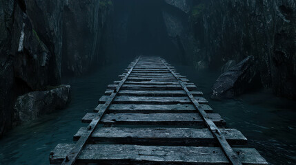 Fototapeta premium Abandoned Wooden Pathway Leading Into Dark Foggy Cave by Serene Calm Water Surface