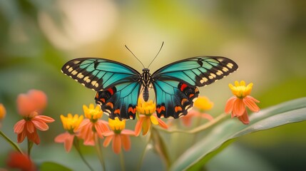 Fototapeta premium Vibrant Blue Butterfly on Orange Flowers Nature Photography