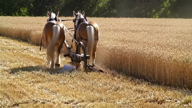 Haflinger Horses Pulling Plow Through Ripe Wheat Field