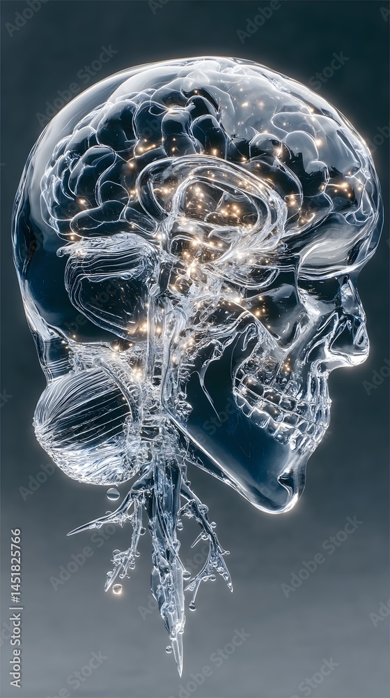 Aufkleber hyper-realistic clear glass brain 3d render, floating with visible internal neural complexity, smoot