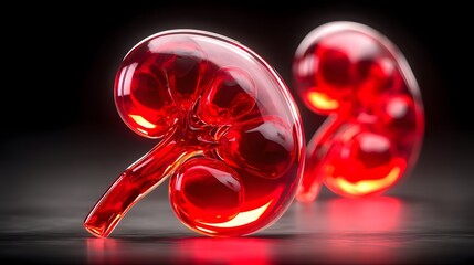 Polished glass kidney with transparent anatomical structure, elegant and medical, realistic render with shadow and reflection, black background, floating, no stand, high-res image with room for text