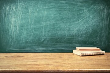 Empty green chalkboard, wooden table, notebooks