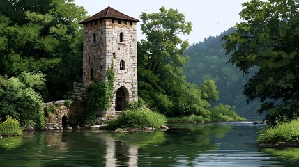 Stone tower amidst lush greenery serene water reflection
