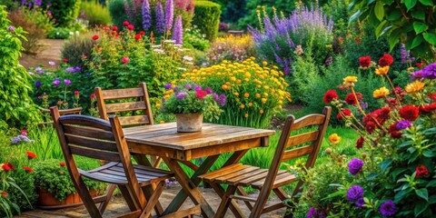 Obraz premium Overgrown garden with colorful flowers and lush greenery surrounding a wooden outdoor table and chairs, outdoor furniture, vibrant colors