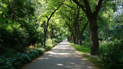 Fototapeta premium Serene Park Walkway Surrounded by Lush Greenery and Tall Trees