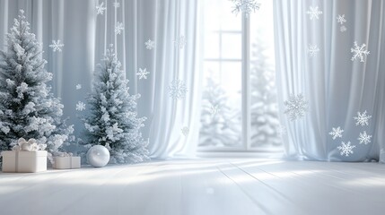 Curtains adorned with falling snowflakes sway gently over a white canvas, adding charm and a serene winter touch to the scene.