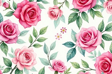 Delicate watercolor roses & leaves, repeating pattern, red, botanical, seamless pattern