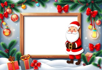 Cute cartoon Christmas photo frame with Santa, festive border and decorations, illustration, winter
