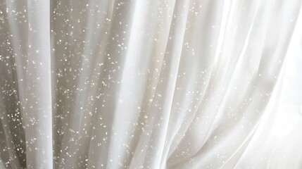 Curtains with a faint snow motif hang gently, their design blending with the pure white backdrop to create a winter wonderland feel.