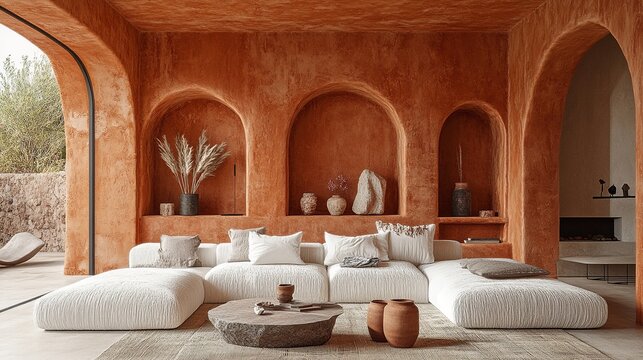 Warm-toned living room featuring a textured sofa, stone table, and arched alcoves for an inviting, earth-toned aesthetic.